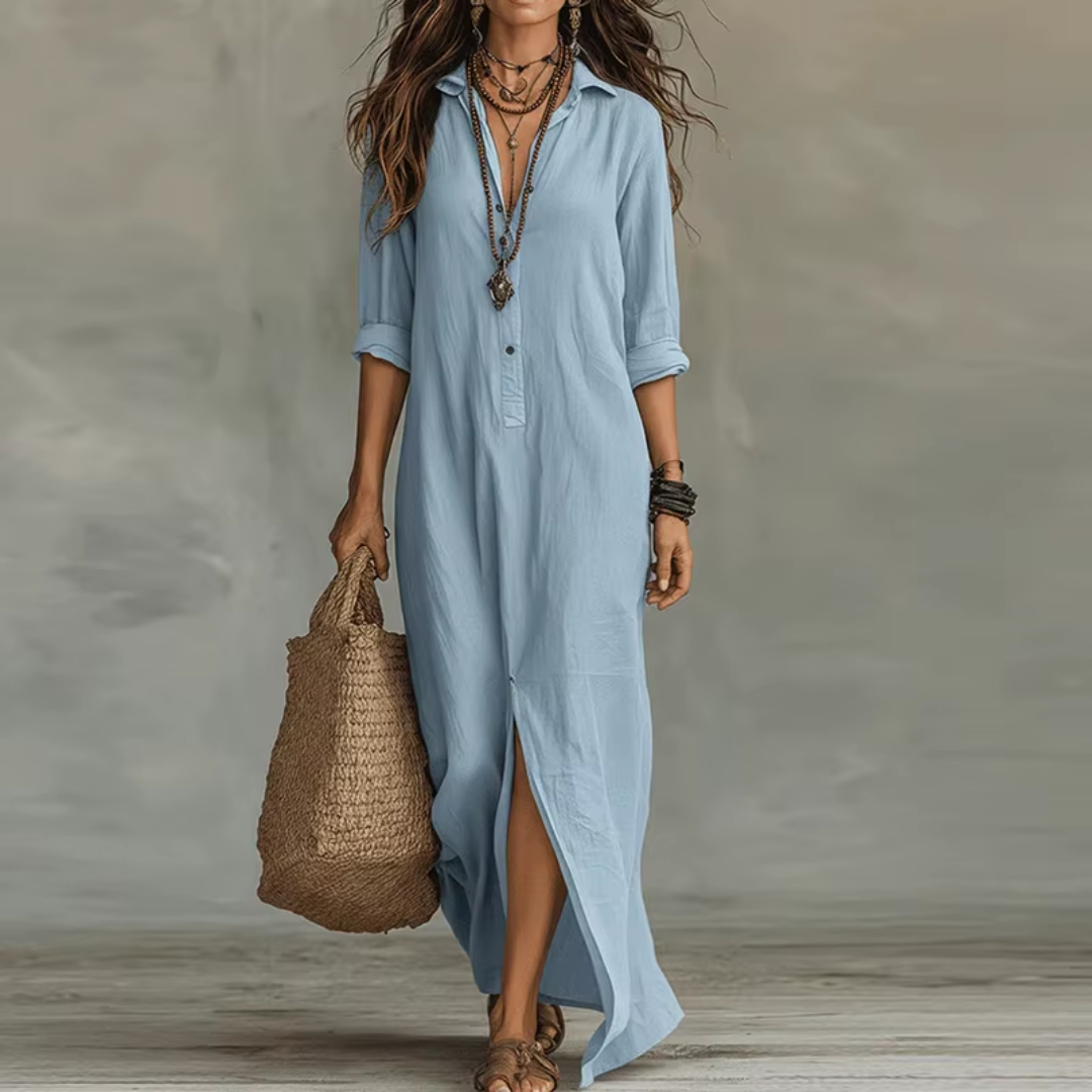 Black Button-Front Bohemian Shirt Maxi Dress