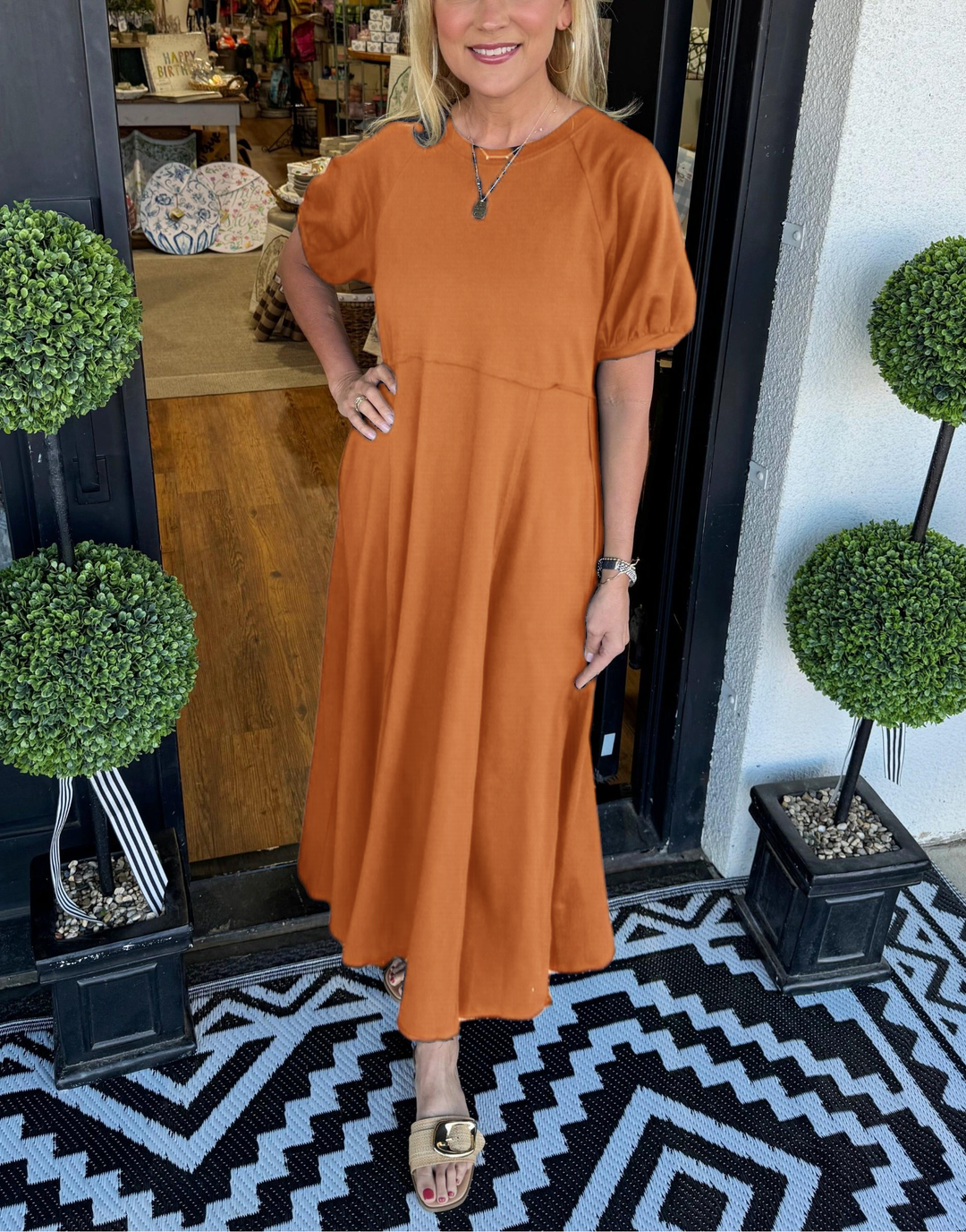Elis | Women's Solid Color Puff Sleeve Round Neck Long Dress
