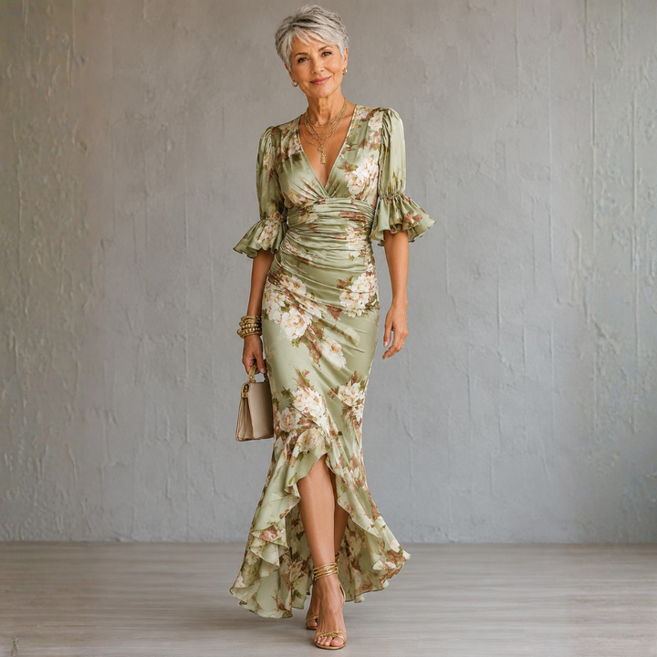 Anna | Long asymmetric green satin dress with a V-neckline