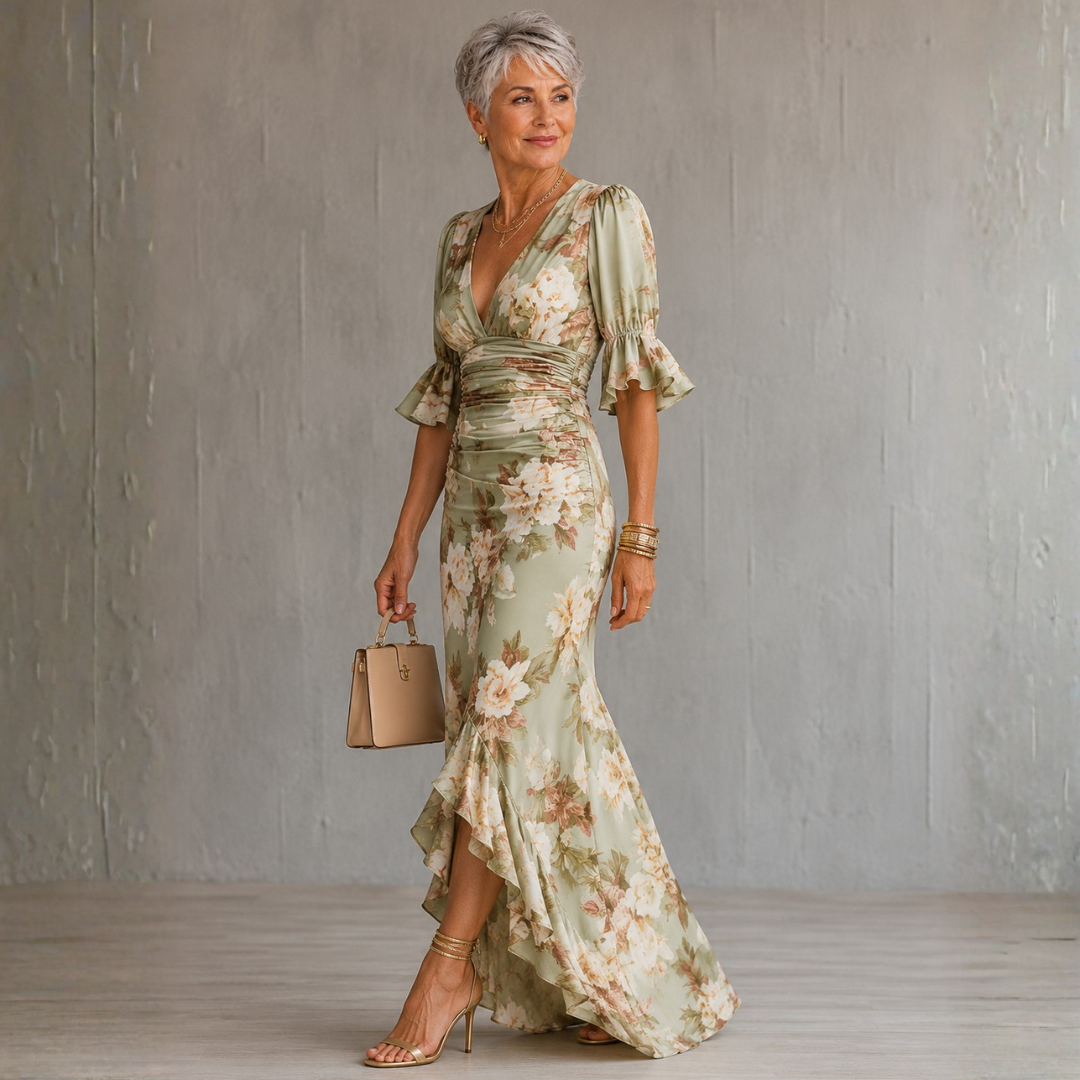 Anna | Long asymmetric green satin dress with a V-neckline