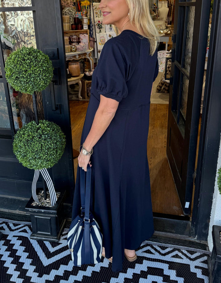 Elis | Women's Solid Color Puff Sleeve Round Neck Long Dress
