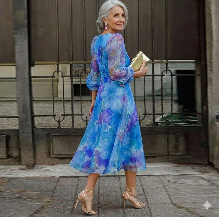 Aria | Wedding Guest Dress, Floral Print Midi Dress for Women, Pink & Blue
