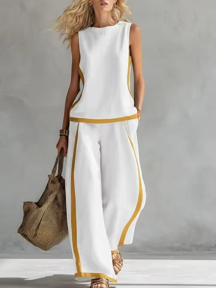 ELEGANT SLEEVELESS BLOUSE AND WIDE-LEG PANTS SET
